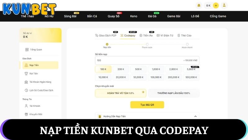 nạp tiền Kunbet qua codepay